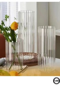 Resim Optik Cizgili Borosilikat Silindir Cam Vazo 10 Cm Genişlik 25 Cm Yükseklik 1 Adet Beyaz 