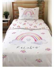 Resim Evmila Çiçekli Gökkuşağı Desenli Nevresim Takımı - 160x220cm Nevresim +50x70cm Yastık Kılıfı+90x190cm Çarşaf 