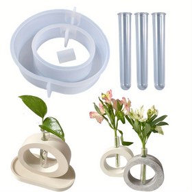 Resim Test Tüpleri ile 4'lü Silikon Vazo Kalıp Seti - DIY Epoksi Reçine & Hidroponik Bitki Kapları, Ev Dekor El Sanatları için Oval Şekil 