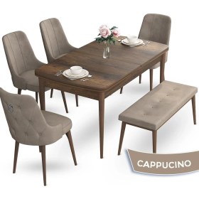 Resim Canisa Concept Nev Serisi, 80X132 Barok Ahşap Desen Masa Takımı, 4 Sandalye Gümüş Halkalı 1 Bench 