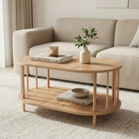 Resim tridihome Iskandinav Tarzı Masif Ahşap Oval Orta Sehpa Çift Katlı Raflı Salon Ofis Sehpası 50X90X43 cm 