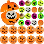 Resim 10/24/36/48 Adet Karanlıkta Parlayan Halloween Zıplayan Toplar - Korkunç Yüzler, Yarasa ve Kedi Desenli Plastik Kabak Şeklinde Hediye Çantaları için Lastik Hediyeler, Sınıf Ödülleri, Cadılar Bayramı 