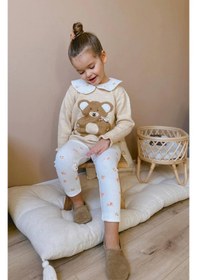Resim Lolliboomkids Kız Çocuk Teddy Bear Sevimli Ayıcık Süzene Nakışlı Triko Kazak Fitil Çiçekli Tayt Alt Üst Takım Sütlü Kahve 