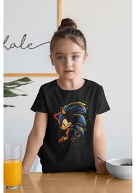 Resim Sevbano Unisex Tasarım Süper Sonic Baskılı Oyun Çizgi Film Çocuk Tişört Siyah 