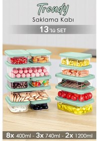 Resim Meleni Home 13'lü Dikdörtgen Erzak Saklama Kabı Seti - Mikrodalgaya Uygun Düzenleyici Organizer Erzak Kabı Yeşil 