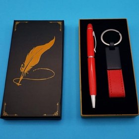 Resim Kutulu Kırmızı Deri Anahtarlık ve Touchpen Tükenmez Kalem Hediye Seti 