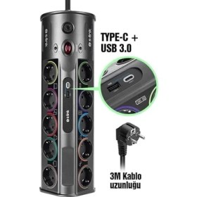 Resim Lidyahan Store SP10AF 3m 1860 Joule 1.5mm 1 USB 1 Typec 2.1A/5V 16A 250V 3680W 10LU Akım Korumalı Priz 
