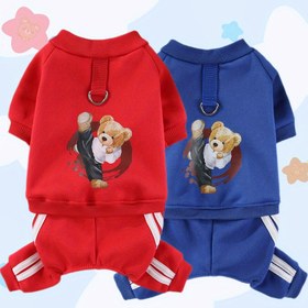 Resim Oynak Cazibe | Rahat Polar Astarlı Kung Fu Ayı Köpek Tulumu - Sıcak Sonbahar/Kış Evcil Hayvan Kıyafeti, Tasma Bağlantısı, Kırmızı veya Mavi Çizgili Kenar, Küçükten Orta Irklara Uygun 