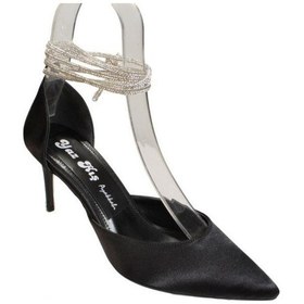 Resim Yazkış Kadın Saten Önü Sivri Yanları Açık Bilekten Bağlama 7 CM İnce Topuk Ayakkabı 001 