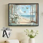 Resim 1 adet 2D Düz Ölçü Kutusu Dekoratif Boyama - Plaj Penceresi Kelebek Tasarımı, Klasik Desen Ev Duvar Sanatı, Dayanıklı Plastik Gizli Elektrik Panosu Kapak, Oturma Odası İçin Elektrik Gerektirmez, Elektrik Panosu Kapak Dekoratif, Sahil Ev Dekoru, Sakin Sanat, Kolay Kurulum, 2D Düz 