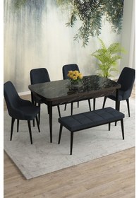 Resim Meri Serisi 80x132 Açılabilir Mdf Siyah Mermer Desen Masa Takımı 4 Siyah Sandalye 1 Bench Antrasit 