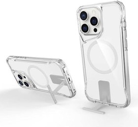 Resim iPhone 15 Pro Max Uyumlu Kılıf Case, Transparent, Kablosuz Şarj Özellikli Metal Standlı Şeffaf Kapak 