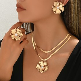 Resim 4 adet Yeni Bahar ve Yaz Şık Kadın Takı Seti, Moda Yaratıcı Çift Katmanlı Yılan Zinciri, Metal Rüzgar İnci İmitasyon Çiçek Kolye Tasarımı Kolye + Küpeler + Yüzük, Anneler Günü Düğün Mevsimi, Anne ve Arkadaşlar İçin Güzel Bir Hediye, Takı Setleri 