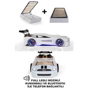 Resim Bazalı Beyaz Arabalı Yatak Sport Mst Full Ledli Kumandalı Ve Müzikli 90x190 Cm 