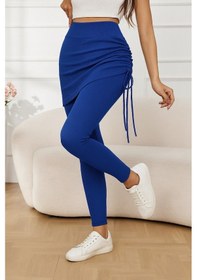 Resim Moderie Butik Kadın Yüksek Bel Yandan Büzgülü Alttan Uzun Kaşkorse Tayt Etek Saks Mavi 