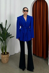 Resim msm fashion Kadın Oversize Blazer Ceket Saks Mavisi Kuşaklı Omuz Detaylı 