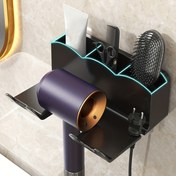 Resim 1 adet Şık Siyah Duvara Monte Saç Kurutma Makinesi Tutucu - Matkap Gerektirmeyen, Yerden Tasarruflu Banyo Düzenleyici, Saç Araçları & Aksesuarları için Kanca, Dayanıklı Plastik Yapı 