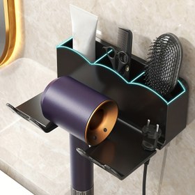 Resim 1 adet Şık Siyah Duvara Monte Saç Kurutma Makinesi Tutucu - Matkap Gerektirmeyen, Yerden Tasarruflu Banyo Düzenleyici, Saç Araçları & Aksesuarları için Kanca, Dayanıklı Plastik Yapı 