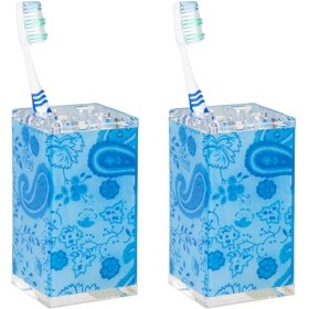 Resim 2 Adet Diş Fırçalık Mavi Çiçekli Akrilik 6x6x12cm Banyo Seti Çok Renkli 