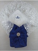 Resim Yenidoğan Saray Kadife Taç Nakışlı İnci Fiyonklu Çift Dantel Duvak Trilüks Kundak Bebek Battaniyesi Lacivert 