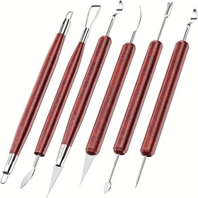 Resim Öğretmen Sürümü 6 Adet Seramik ve Kil Oyma Araçları, Çift Taraflı, Pürüzsüz Ahşap Sap, Seramik Oyma Seti, Kuru Kil, Polimer Kil, Oyma, Model, Kabak Oyma 