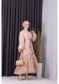 Resim Neşeli Butik Kadın Şifon Eteği Fırfırlı Desenli Tesettür Elbise Sms008 Bej 