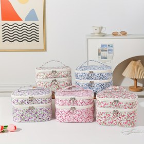 Resim Moda Çift Katmanlı Büyük Kapasiteli Taşınabilir Kozmetik Organizatör Seyahat Yıkama Çantası Vintage Taze Tuvalet Çantası 