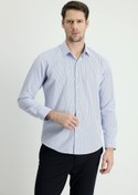 Resim Açık Mavi Uzun Kol Slim Fit Dar Kesim Çizgili Pamuklu Kolay Ütülenebilir Gömlek Kigili