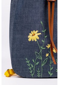 Resim Fabric Craft Bag Sırt Çantası Kot Kumaş Çiçek Nakışlı Büzgülü Kot 