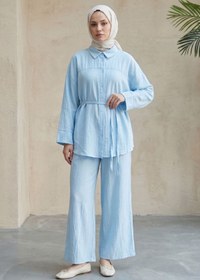 Resim adamila Kadın Açık Mavi Tesettür İkili Takım Gömlek Pantolon Takım Yazlık Rahat Kesim Oversize Günlük Kombi 