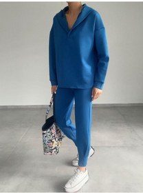 Resim Tua Moda Kadın Uzun Kol V Yaka Kapüşon Detay Sweat Ve Yüksel Bel Eşofman Ikili Takım Mavi 