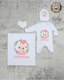 Resim yzc home size dair... K101 Bt Isme Özel Isimli Baskılı Bebek Battaniye Tulum Şapka Eldiven Set Hastane Çıkışı 