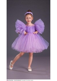 Resim Stella Butik Kız Çocuk Tütü Etekli Kabarık Kollu Taçlı Abiye Elbise Mor 