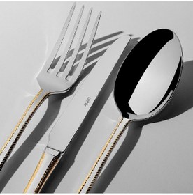 Resim Nehir Fulya Altın Sade 12 Kişilik 84 Parça Deri Kutulu Çatal Kaşık Bıçak Takımı Altın 