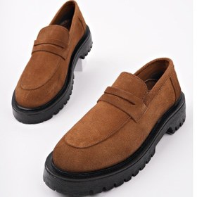 Resim Muggo Paradise Hakiki Deri Kalın Taban Günlük Casual Makosen Kadın Loafer Ayakkabı Taba Süet 