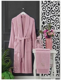 Resim 4 Parça Aile Bornoz Seti Kadın Erkek Havlulu Bornoz Takımı Lavanta - Beyaz 