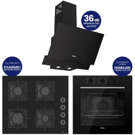 Resim Ferre Flowart Turbolu Siyah Cam Silenart Ankastre Set ( Kaymaz Döküm Izgara ) QBL62CS - SC205 - D063SA 