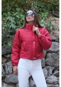 Resim Keyifli Moda Kadın Bordo Dik Yaka Çıtçıtlı Fermuarlı Kısa Şişme Mont - 38 Bordo 