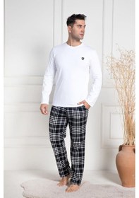 Resim Mecit Pijama Mecit 3082 Erkek Beyaz Ekoseli Büyük Beden Pijama Takımı Beyaz 