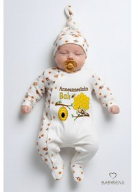 Resim Babyden's Anneannesinin Balı Yazılı Yenidoğan Bebek Tulum Şapka Set Arı Desenli Unisex Çıtçıtlı Bebek Tulum Ekru - Sarı 