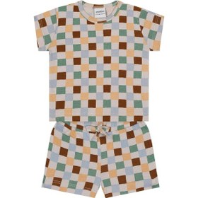 Resim Antebies Organik Gots Sertifikalı Pastel Damalar Beli Lastikli Bağcıklı Kısa Kollu Erkek Bebek Tshirt Şort Takımı Bej 