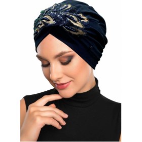 Resim Elysianfidan Kopma Astarlı Işlemeli Lacivert Payetli Yaprak Motifli Hazır Türban Tesettür Abiye Bone Lacivert Yaprak 