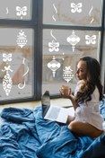 Resim habune Yılbaşı Happy New Year Sticker Çıkartma Süsü Yeni Yıl Süsü Parti Cam Süsü Noel Ağacı Kar Tanesi 
