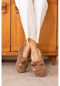 Resim Albishoes Kışlık Içi Tüylü Kadın Ev Ayakkabı Kurbağa Figürlü Kaydırmaz Rahat Taban Panduf Ev Botu Kahverengi 