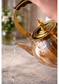 Resim Morponi Ahşap Saplı Isıya Dayanıklı Borosilikat Amber Cam Demlik 1200 Ml Süzgeçli Cam Demlik Oval Çizgili Amber 