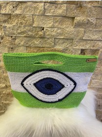Resim Nazar Boncuk Örme Tasarım El Çantası Gece Çantası Makrome Çanta 30x38cm Çizgiliyeşil 