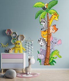 Resim Sevimli Safari Hayvanlar Temalı Boy Ölçer Çocuk Odası Duvar Sticker Seti - 50x110 cm / Renkli / Boy Ölçer 