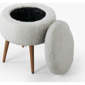 Resim Teddy Ahşap Ayaklı Sandıklı Yuvarlak Puf Makyaj Masası Pufu - Dekoratif Ayak Uzatma Pufu Krem 