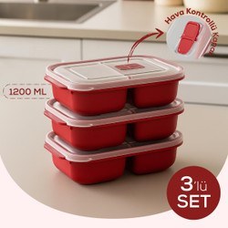 Resim Kapaklı 3’lü Mikrodalgaya Uygun Bölmeli Dikdörtgen Saklama Kabı Seti - 1200 Ml 