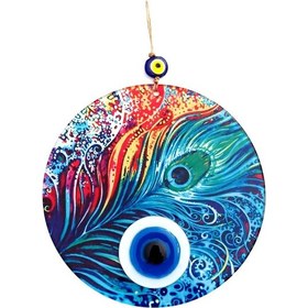 Resim Tavus Kuşu Tüyü Desenli Füzyon Camdan El Yapımı Nazar Boncuklu Duvar Süsü 